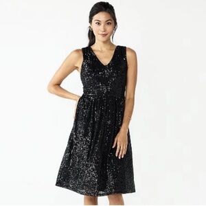 Draper James Women's Size 8 Black Sequin V-Neck & V-Back Tea Length Dress NWOT